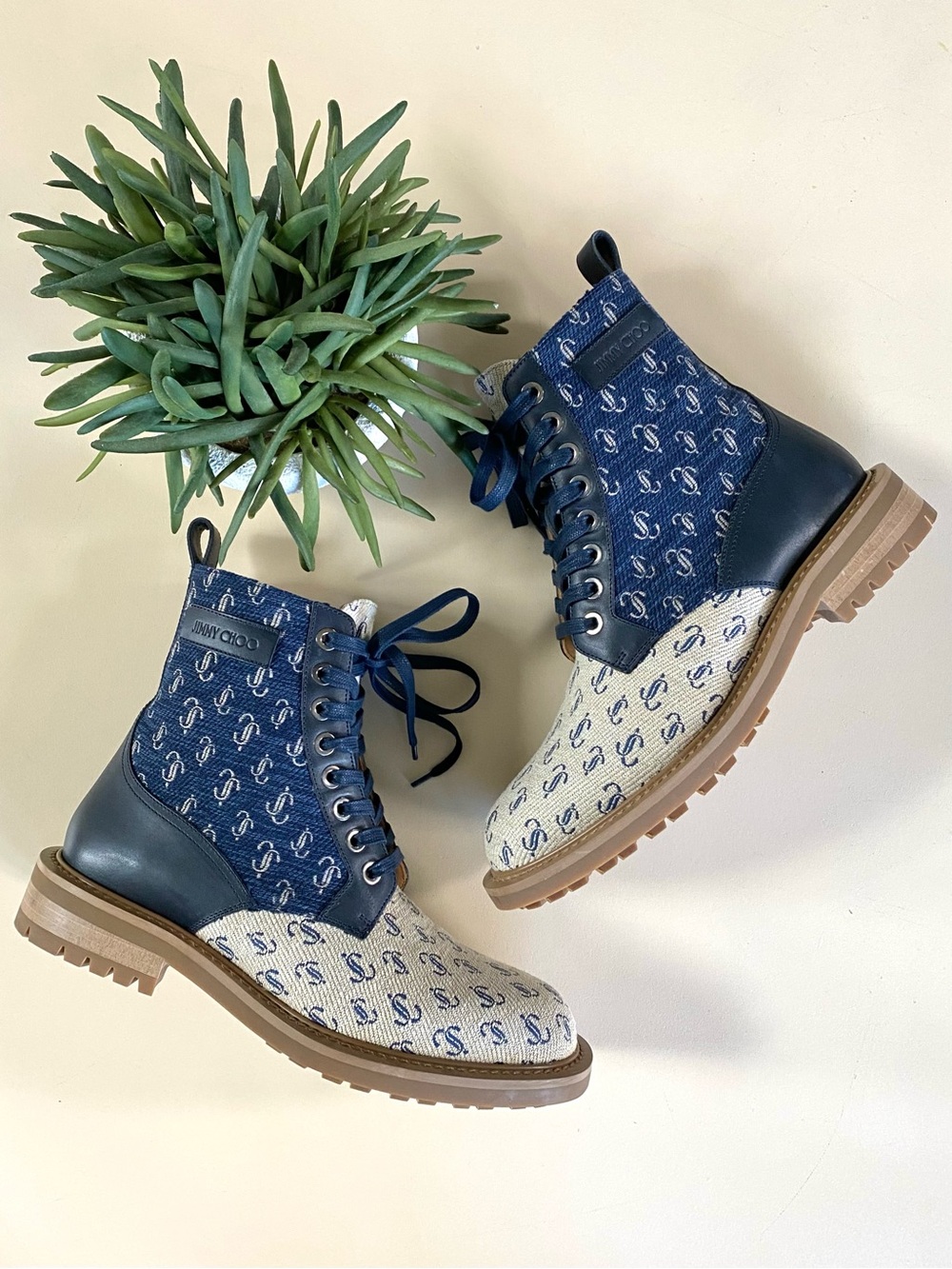 JIMMY CHOO - Navy Blue, Tan & Cream JC Logo Patterned Men's Boots